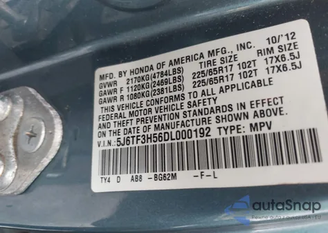 2013 Honda Crosstour Ex-L из США, поврежденный, VIN 5J6TF3H56DL000192